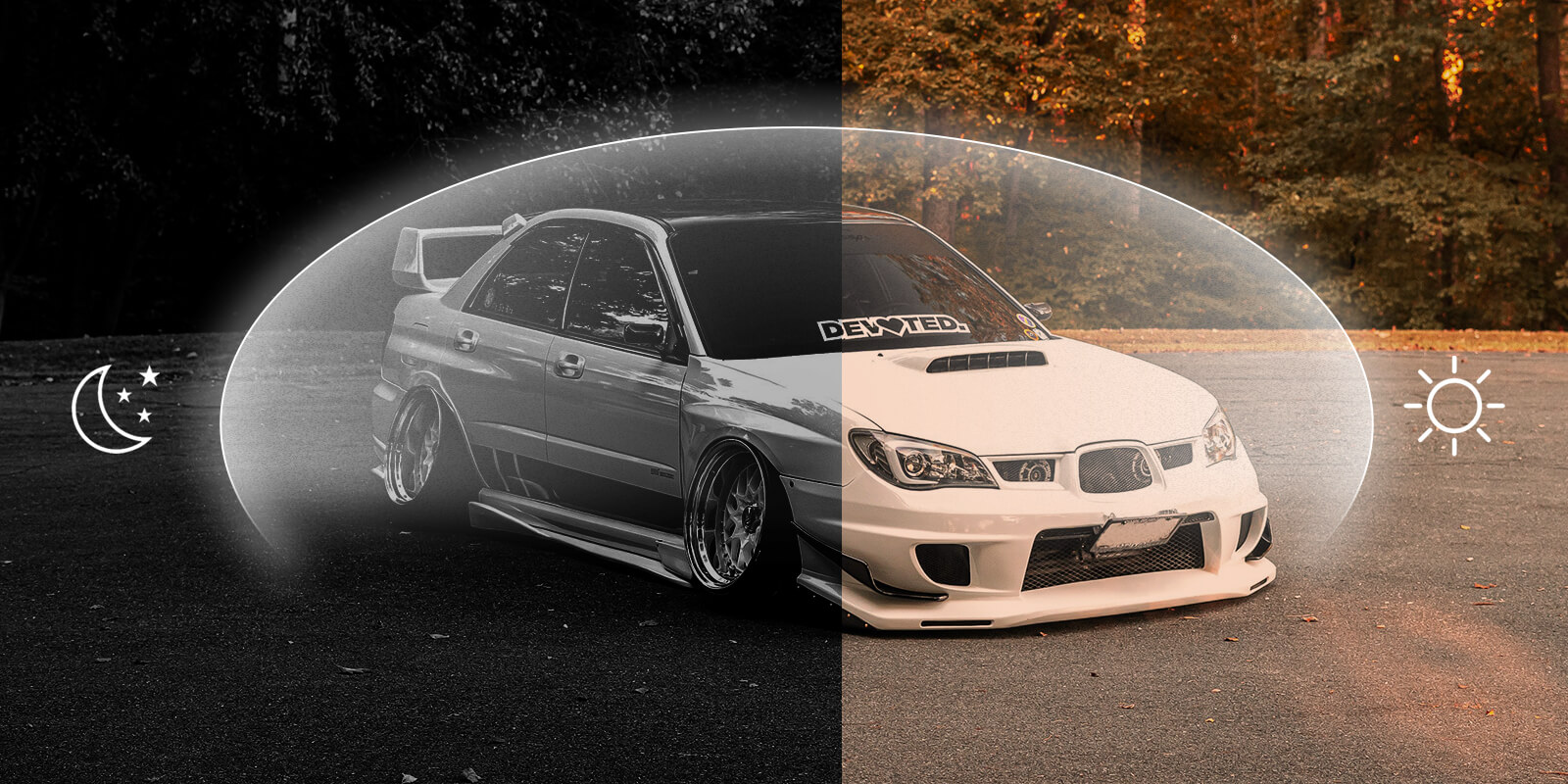 Comparative image showing the day and night vision clarity of a dash cam with advanced image processing.