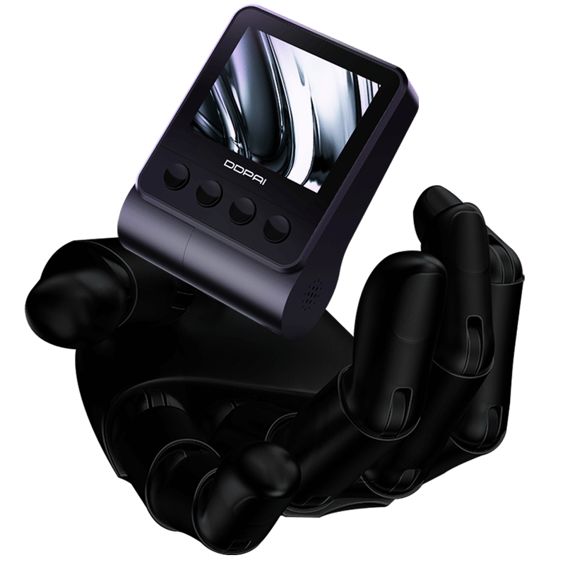 Compact dash cam mounted on a car's windshield, equipped with 4K recording capabilities.
