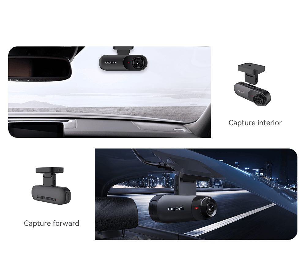 DDPAI dual dash cam setup capturing both interior and forward views of the car.