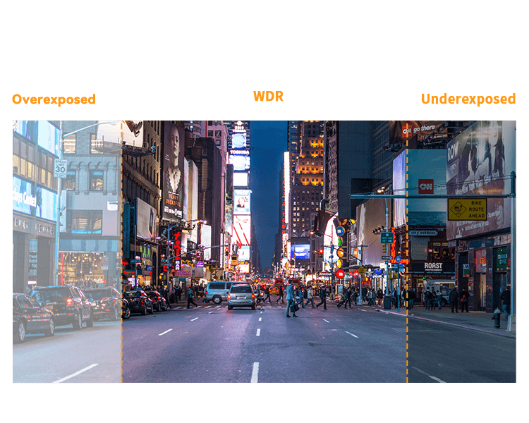 Comparison of dash cam WDR, overexposed, and underexposed image quality in a busy city street at night.