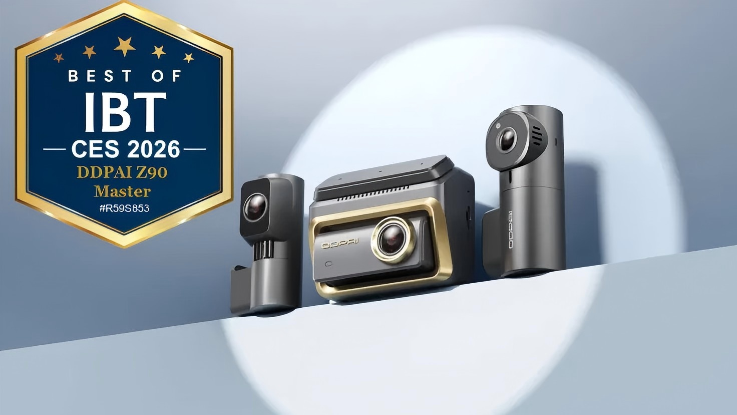 DDPAI Z90 Master dash cam displayed next to the Best of IBT CES 2026 Award badge